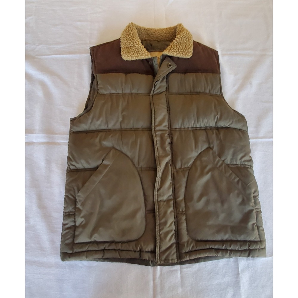 Roebuck &‎ Co Puffer Vest Mens Small Olive Brown Sherpa Collar Corduroy Gorpcore